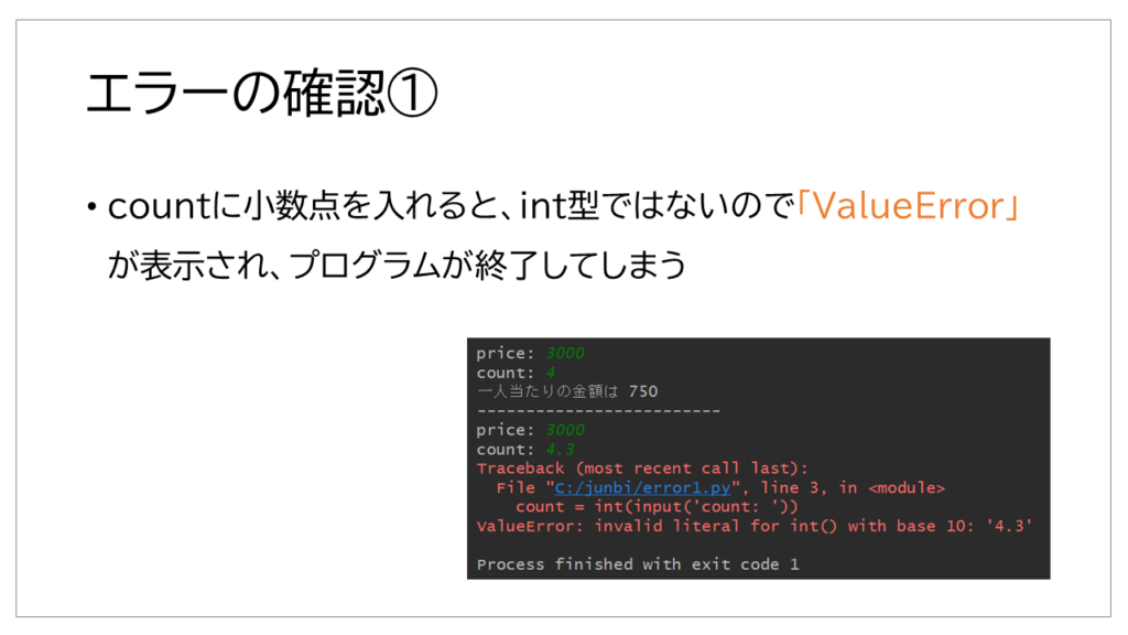 エラーの確認について説明「小数点を入力したことによるvalue error」