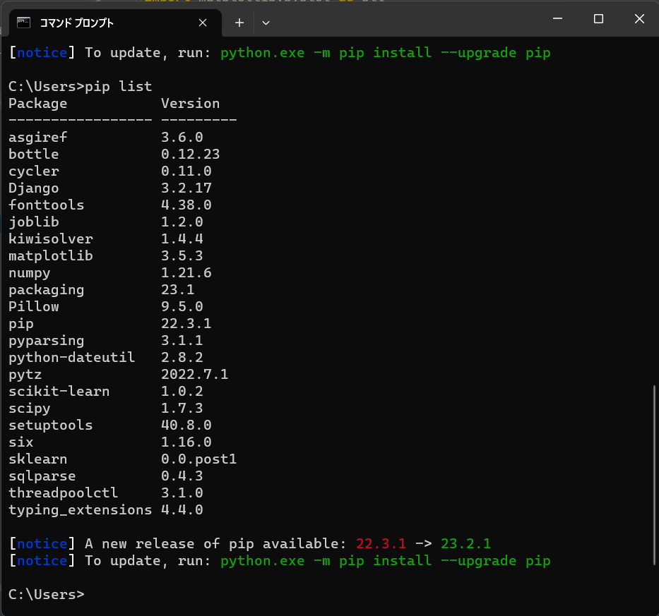 pip listの実行結果