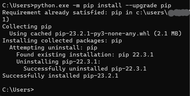 コマンドプロンプトでpip install --upgrade pipが正常に終了した場合