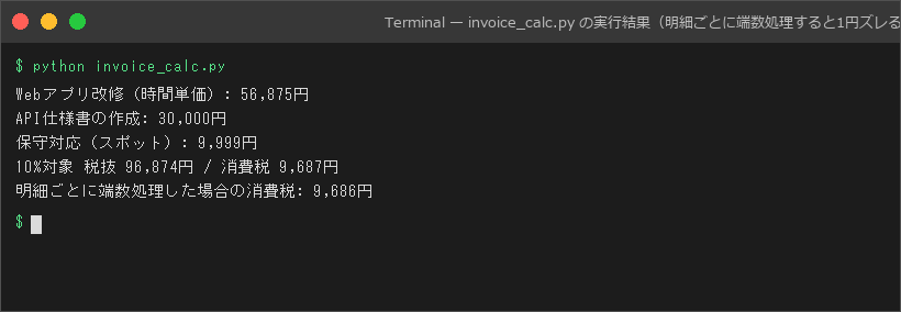 invoice_calc.py の実行結果（明細ごとに端数処理すると1円ズレる）