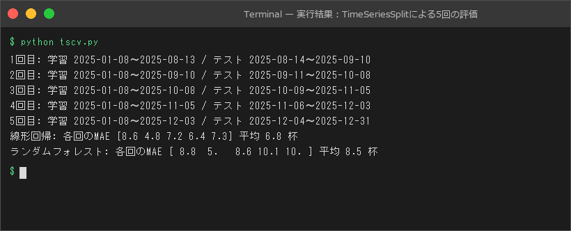 実行結果:TimeSeriesSplitによる5回の評価