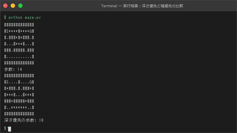実行結果：深さ優先と幅優先の比較