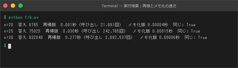 実行結果:再帰とメモ化の速さ