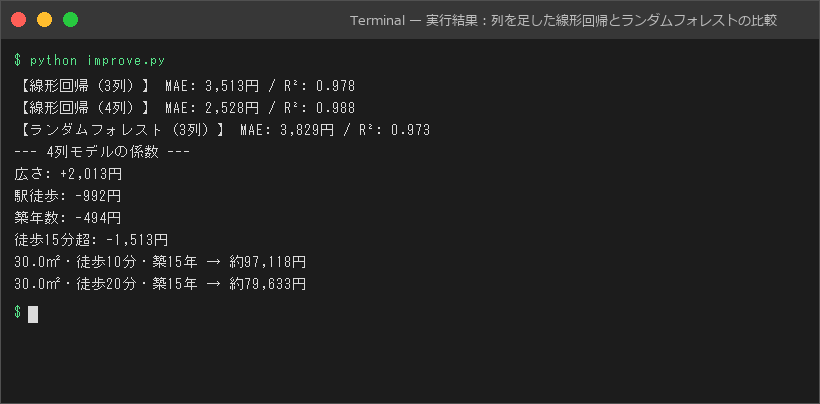 実行結果:列を足した線形回帰とランダムフォレストの比較