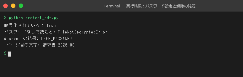 実行結果：パスワード設定と解除の確認
