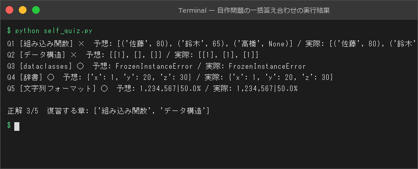 自作問題の一括答え合わせの実行結果
